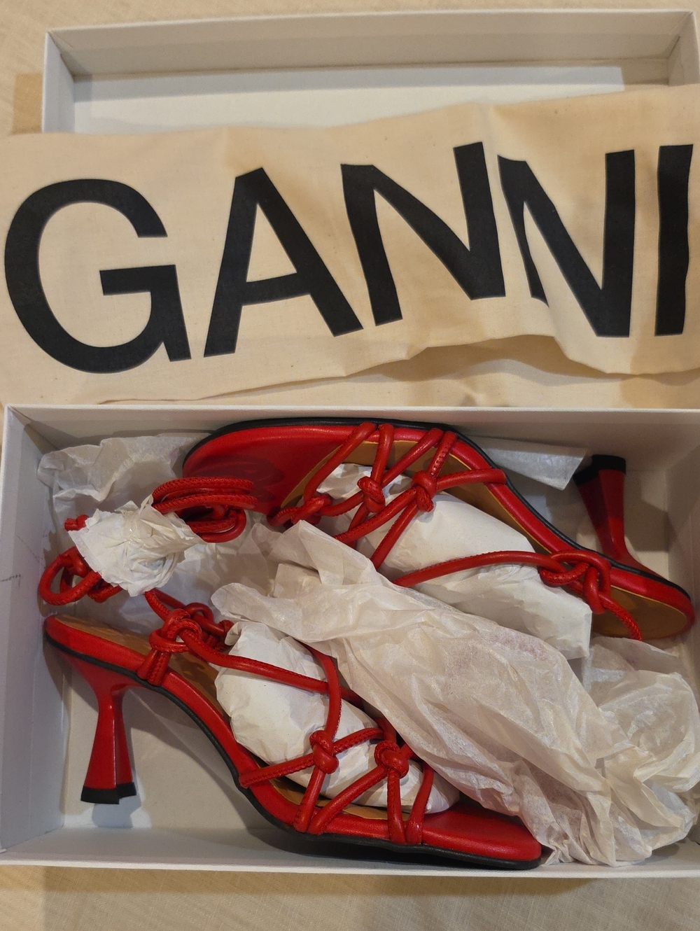 Ganni Red Knotted Strappy Heel Sandals